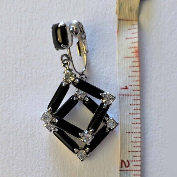 vintage silver-tone black enamel rhinestone clip earrings - Picture 5 of 5
